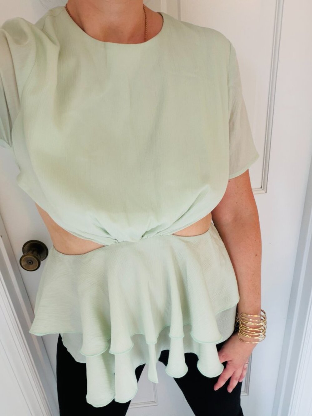 By Egreis Short-Sleeve Mint Tiered Peplum Top w/ side Cutouts- Size M- sold out!